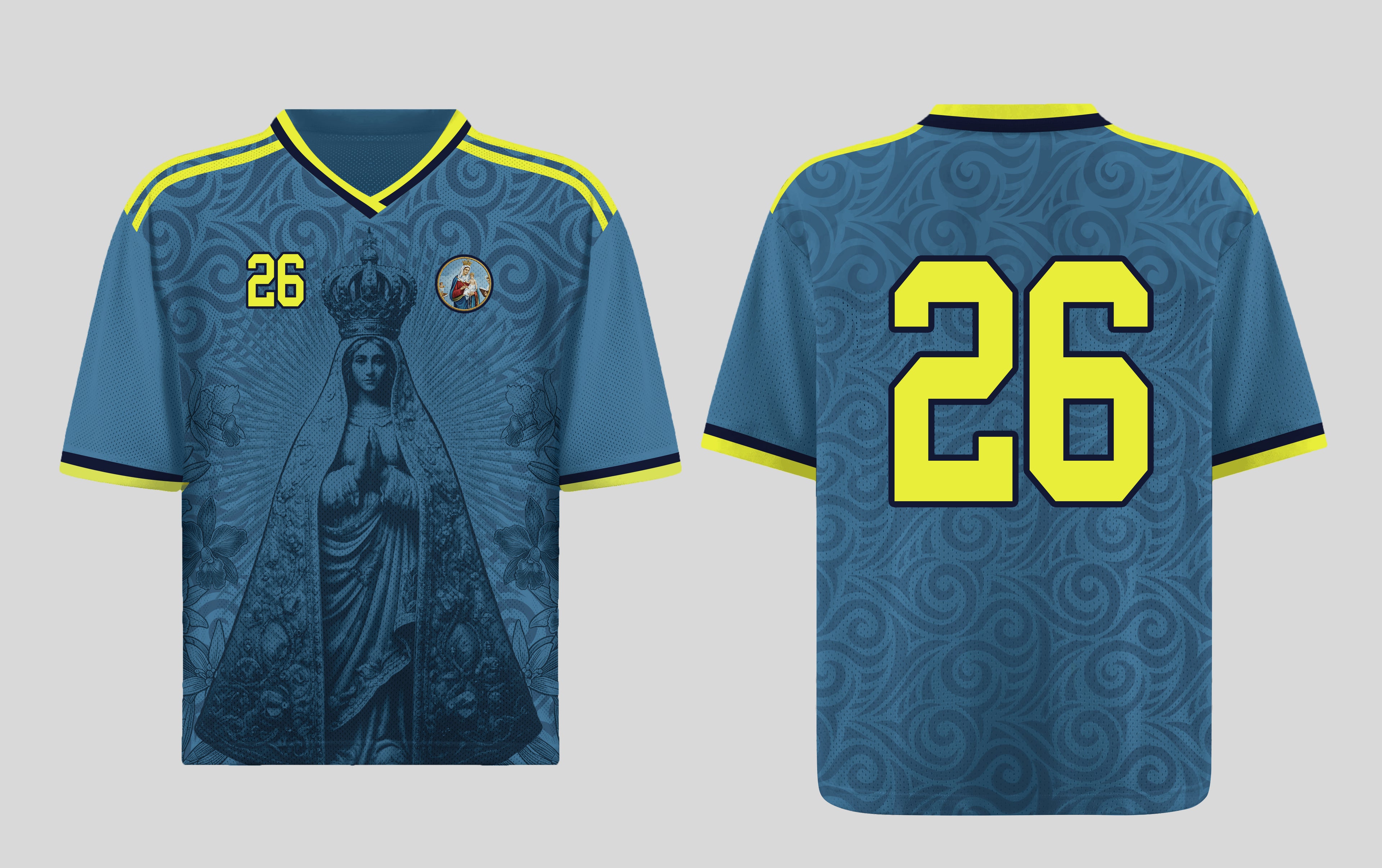 Varldens Colombia 2026 Blue Away Jersey featuring Our Lady of Chiquinquirá and Cattleya orchid patterns - Navy blue Colombian soccer shirt