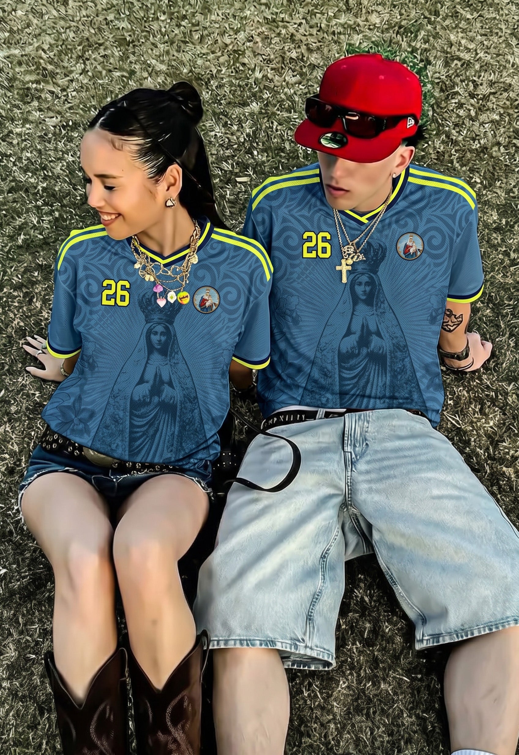 Varldens Colombia 2026 Blue Away Jersey featuring Our Lady of Chiquinquirá and Cattleya orchid patterns - Navy blue Colombian soccer shirt