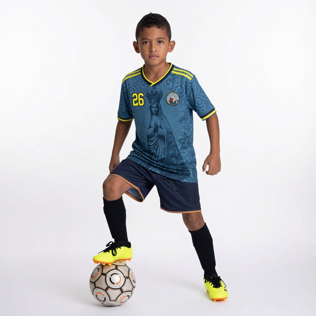 Varldens Colombia 2026 Blue Away Jersey featuring Our Lady of Chiquinquirá and Cattleya orchid patterns - Navy blue Colombian soccer shirt