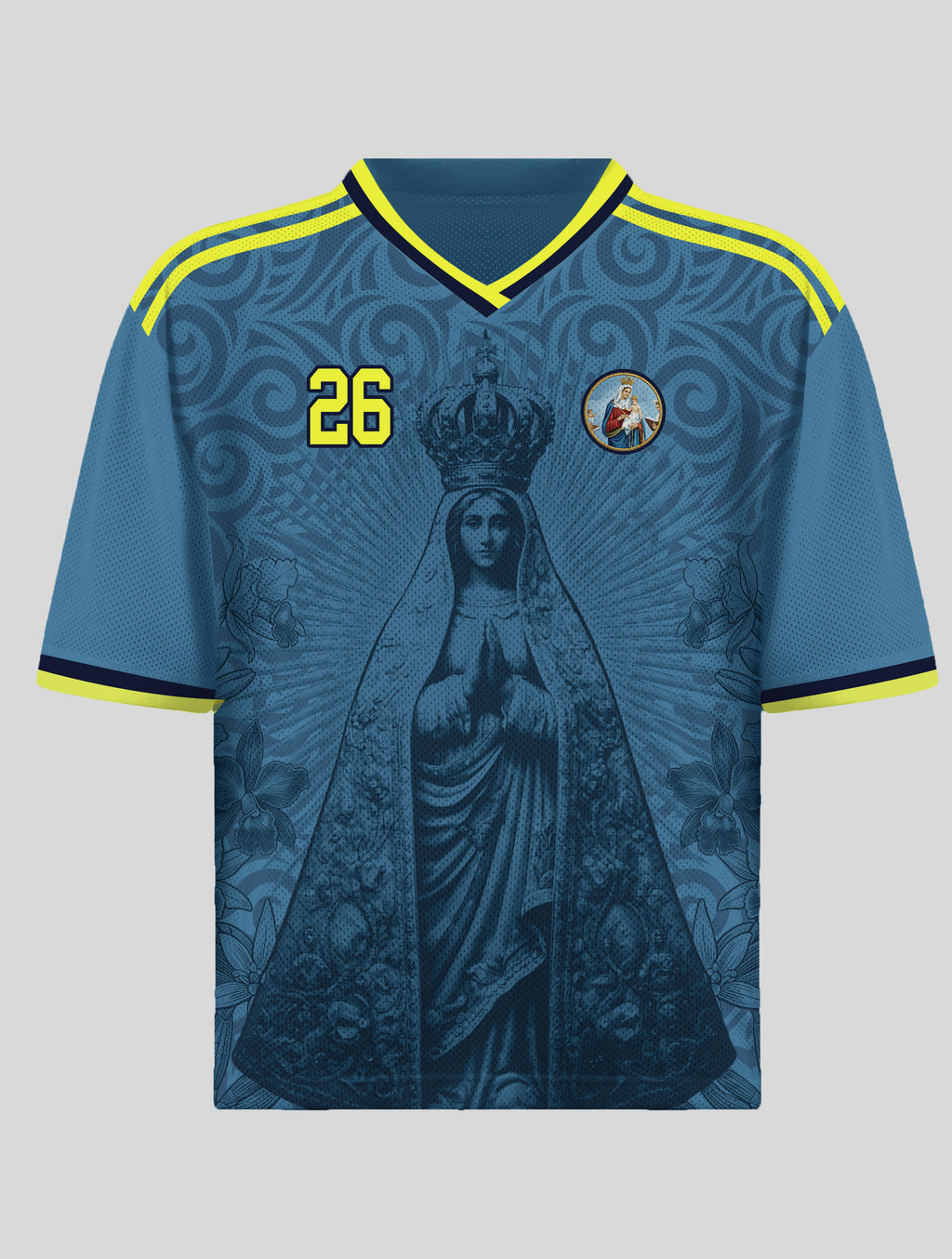 Varldens Colombia 2026 Blue Away Jersey featuring Our Lady of Chiquinquirá and Cattleya orchid patterns - Navy blue Colombian soccer shirt