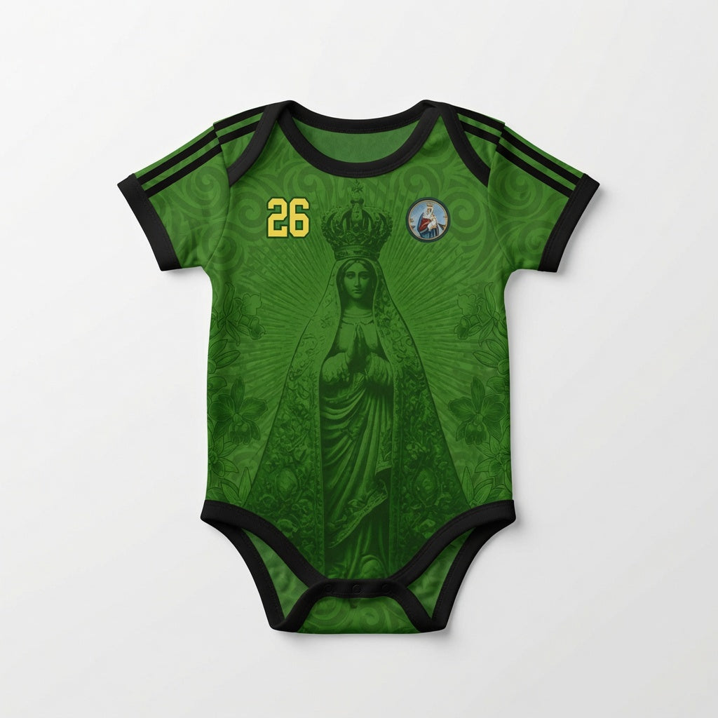 Varldens Colombia 2026 Emerald Green Heritage Jersey featuring Our Lady of Chiquinquirá and gold spiral patterns - Emerald green Colombian soccer babyonesie