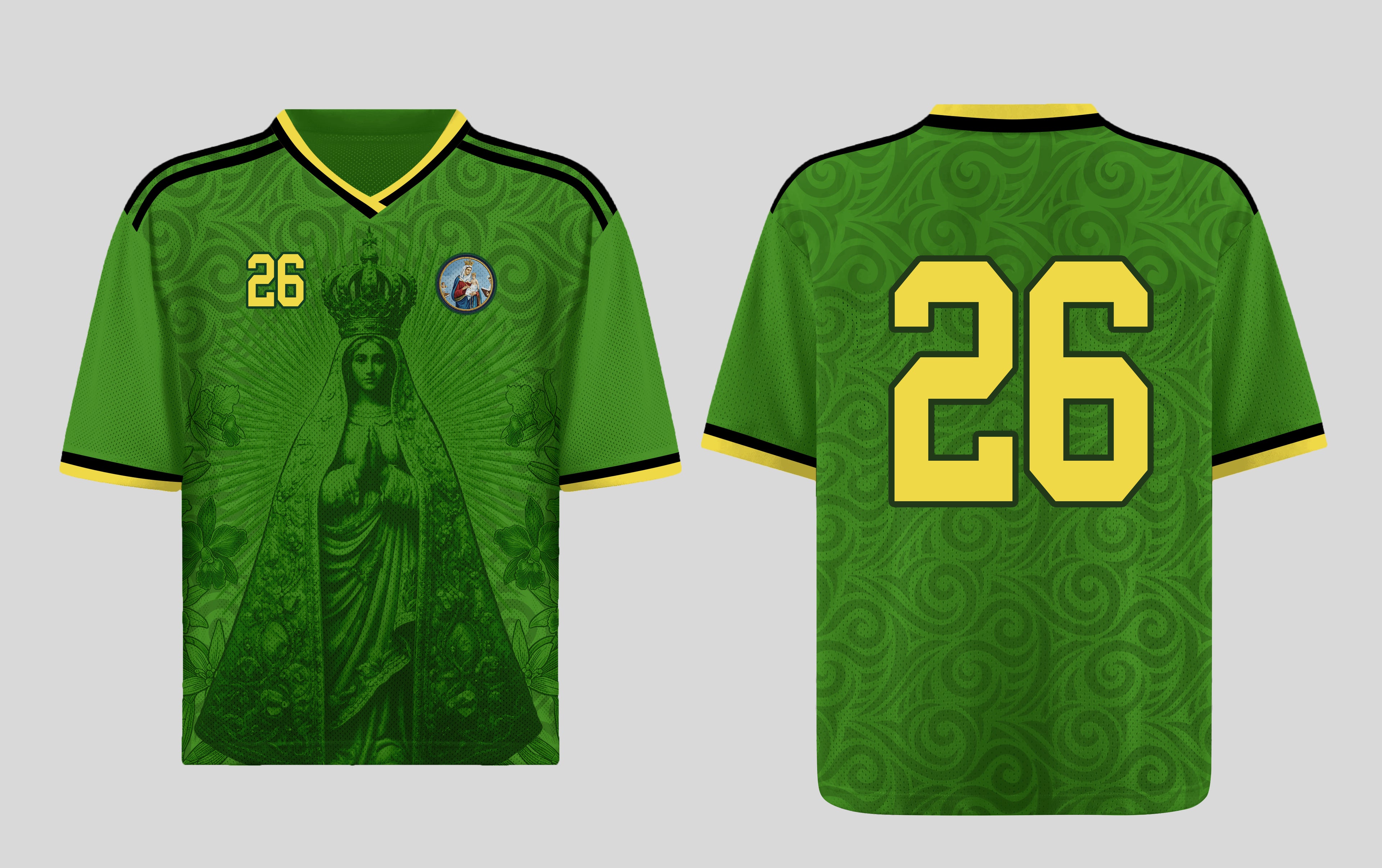 Varldens Colombia 2026 Emerald Green Heritage Jersey featuring Our Lady of Chiquinquirá and gold spiral patterns - Emerald green Colombian soccer shirt