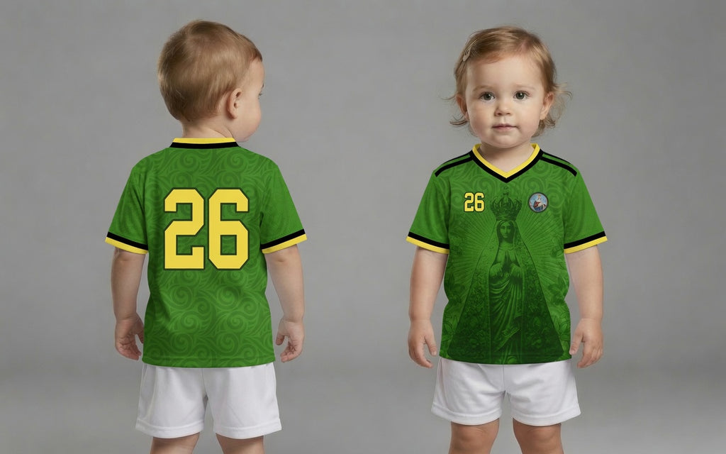 Varldens Colombia 2026 Emerald Green Heritage Jersey featuring Our Lady of Chiquinquirá and gold spiral patterns - Emerald green Colombian soccer baby shirt