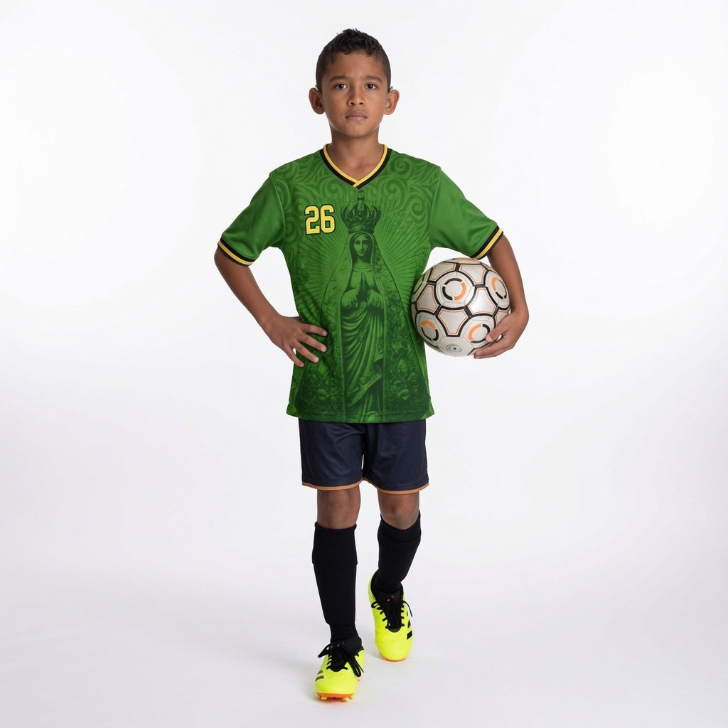Varldens Colombia 2026 Emerald Green Heritage Jersey featuring Our Lady of Chiquinquirá and gold spiral patterns - Emerald green Colombian soccer youth shirt