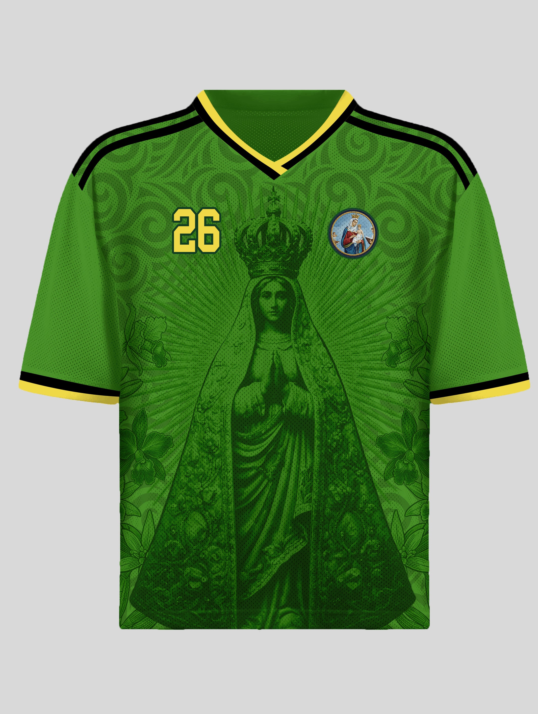 Varldens Colombia 2026 Emerald Green Heritage Jersey featuring Our Lady of Chiquinquirá and gold spiral patterns - Emerald green Colombian soccer shirt