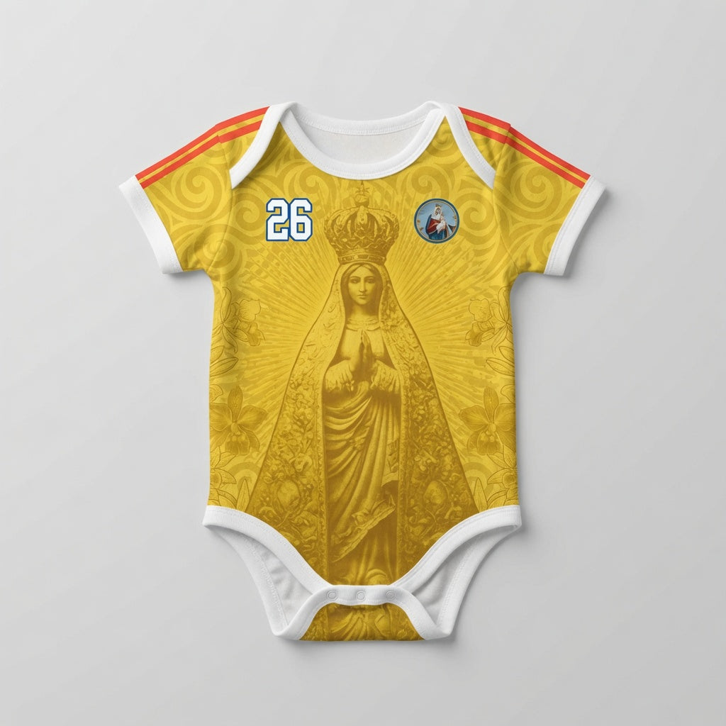 Varldens Colombia 2026 Yellow Heritage Jersey featuring Our Lady of Chiquinquirá and Pre-Columbian gold spirals - Colombian babyonesie