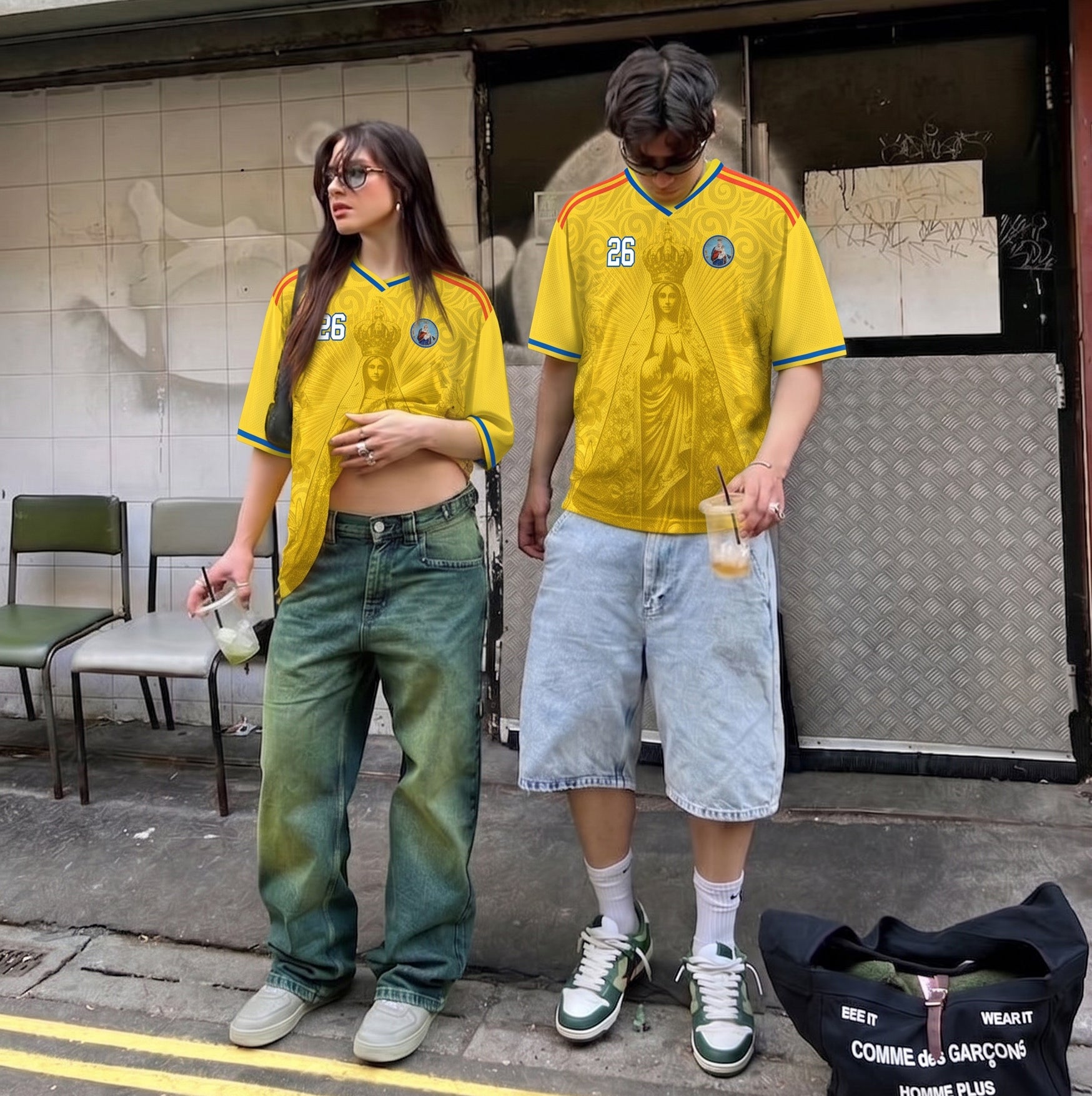 Varldens Colombia 2026 Yellow Heritage Jersey featuring Our Lady of Chiquinquirá and Pre-Columbian gold spirals - Colombian soccer streetwear