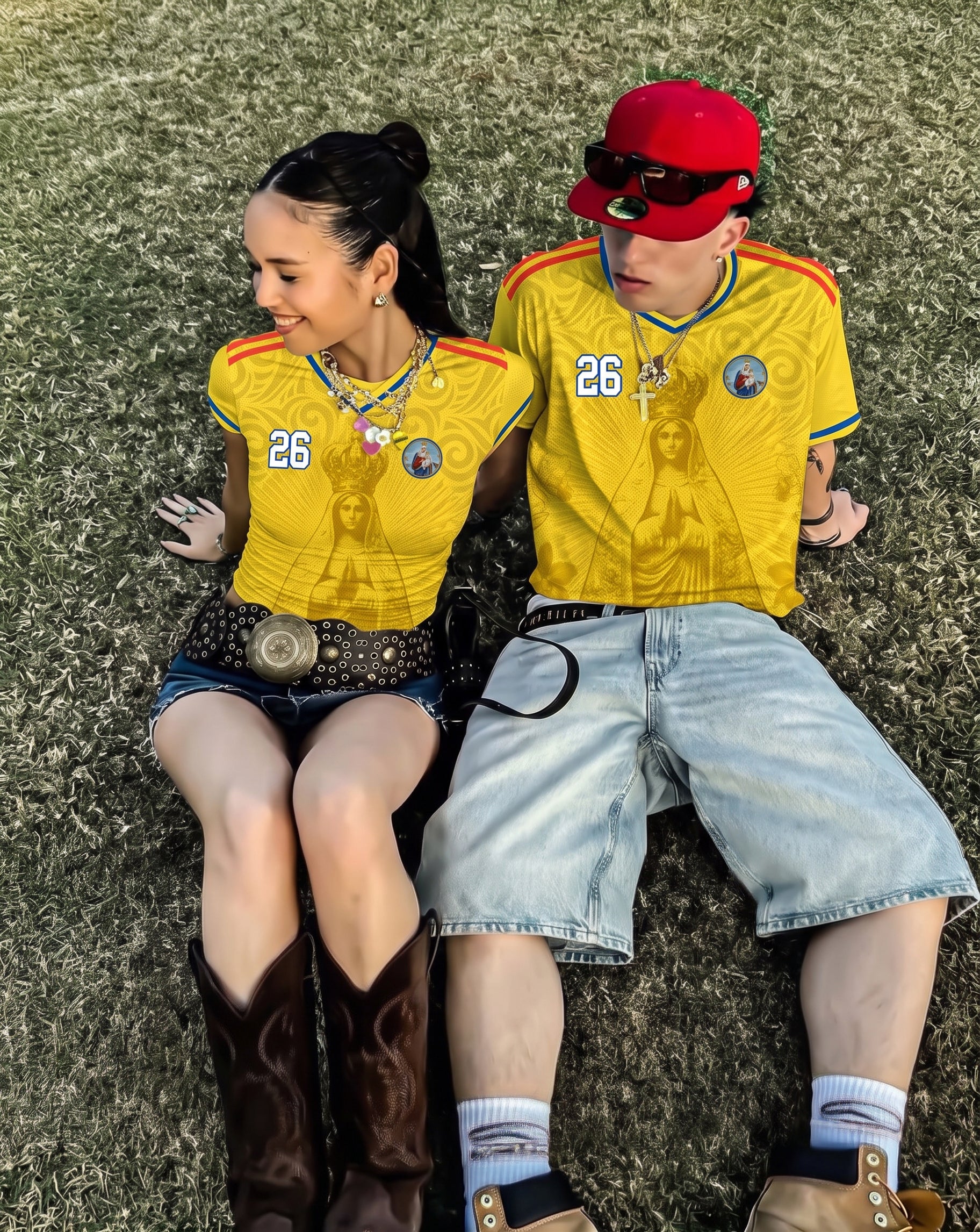 Varldens Colombia 2026 Yellow Heritage Jersey featuring Our Lady of Chiquinquirá and Pre-Columbian gold spirals - Colombian soccer streetwear