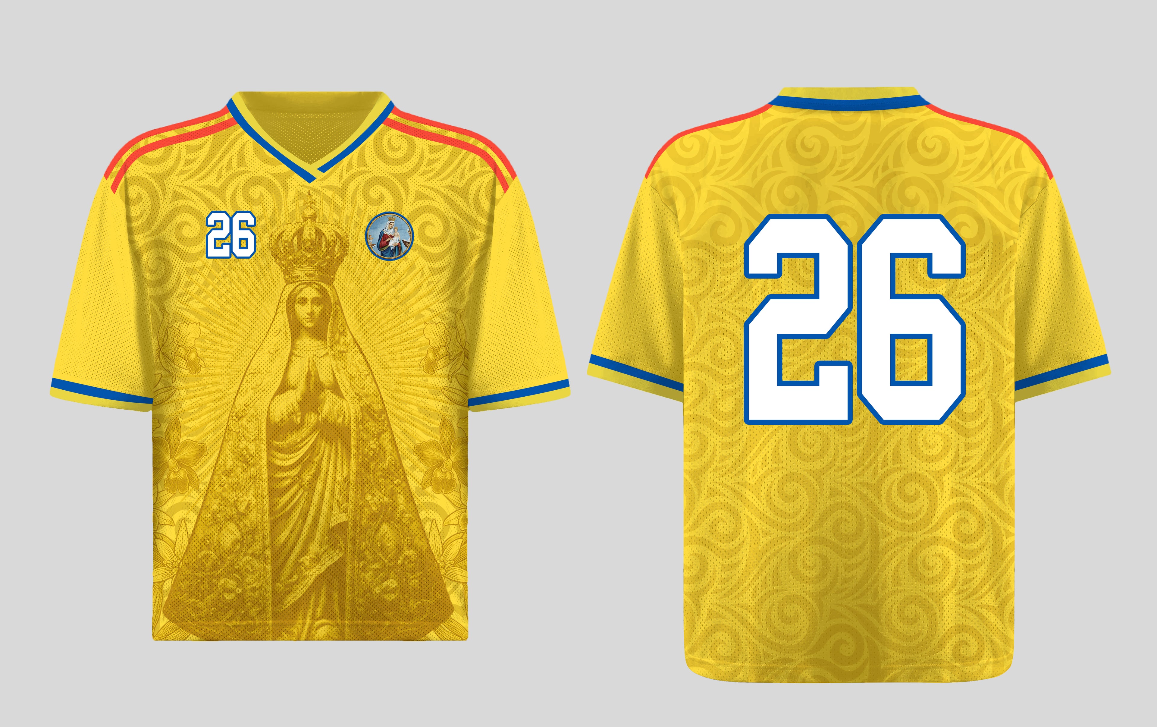 Varldens Colombia 2026 Yellow Heritage Jersey featuring Our Lady of Chiquinquirá and Pre-Columbian gold spirals - Colombian soccer streetwear