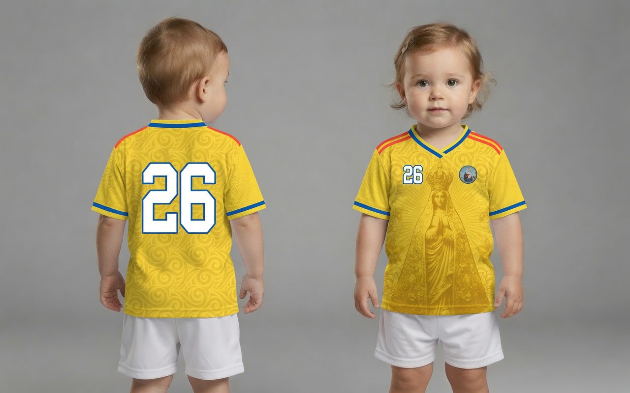 Varldens Colombia 2026 Yellow Heritage Jersey featuring Our Lady of Chiquinquirá and Pre-Columbian gold spirals - Colombian soccer kid jersey