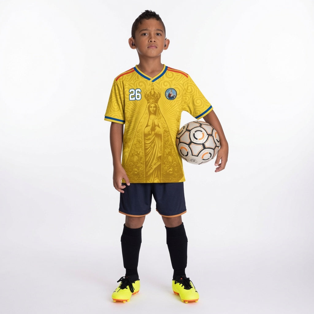Varldens Colombia 2026 Yellow Heritage Jersey featuring Our Lady of Chiquinquirá and Pre-Columbian gold spirals - Colombian soccer youth jersey streetwear
