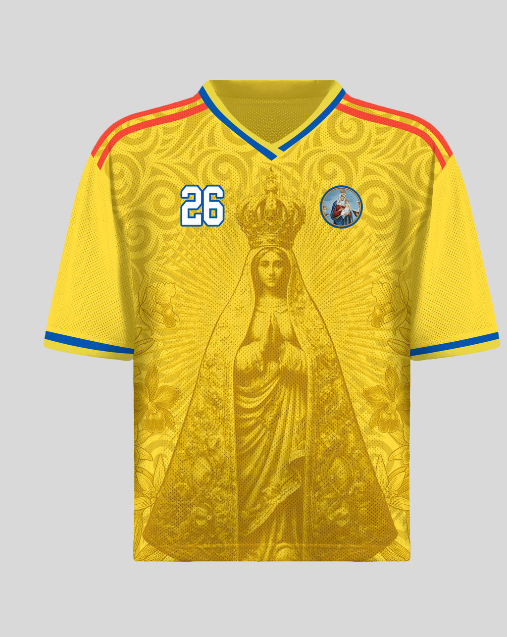 Varldens Colombia 2026 Yellow Heritage Jersey featuring Our Lady of Chiquinquirá and Pre-Columbian gold spirals - Colombian soccer streetwear