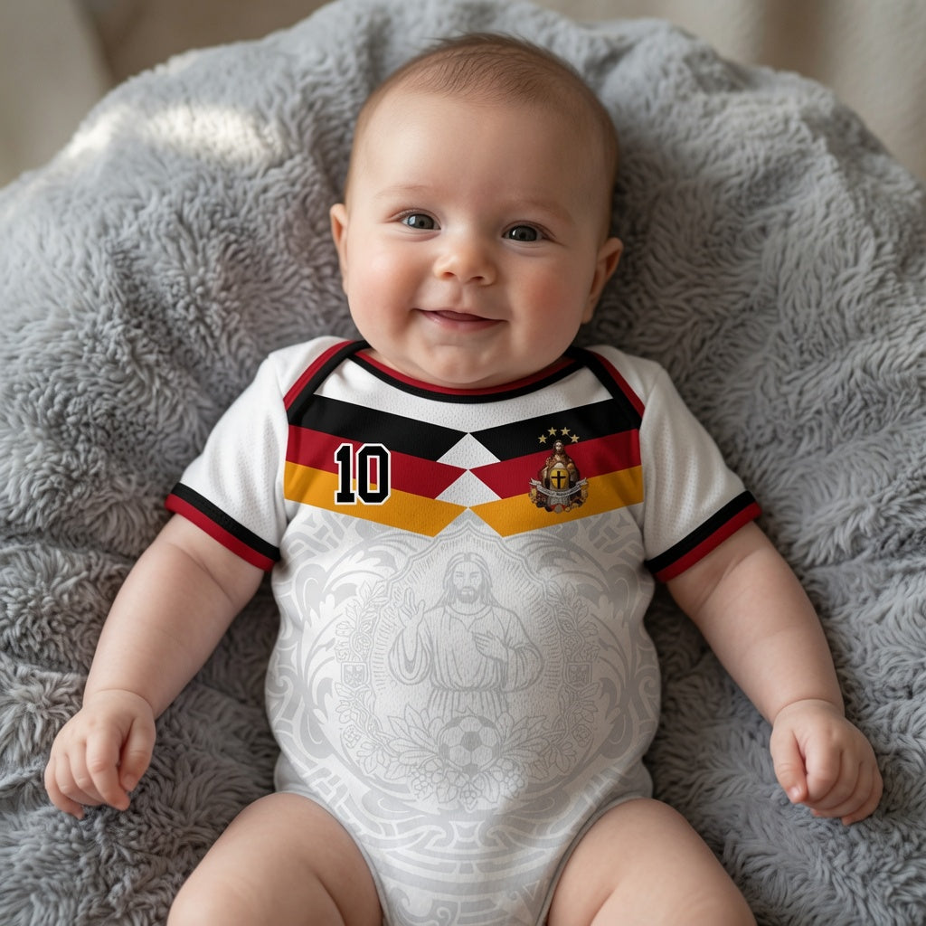 Front and back view of Germany 2026 home jersey in white with Jesus Christ graphics and German tricolor chevron stripes