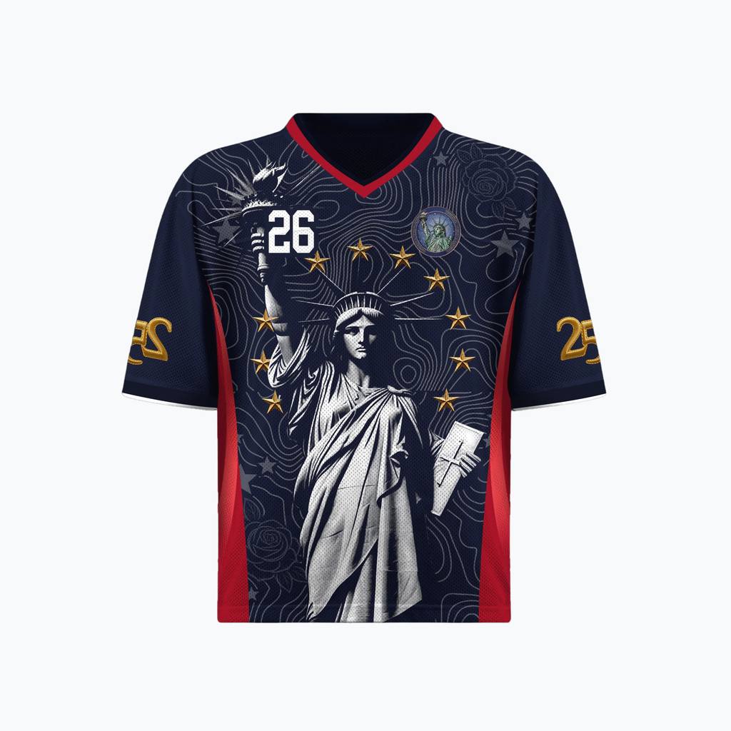 Varldens America 250 Lady Liberty Navy Away Jersey - USA 2026 commemorative soccer shirt with gold details