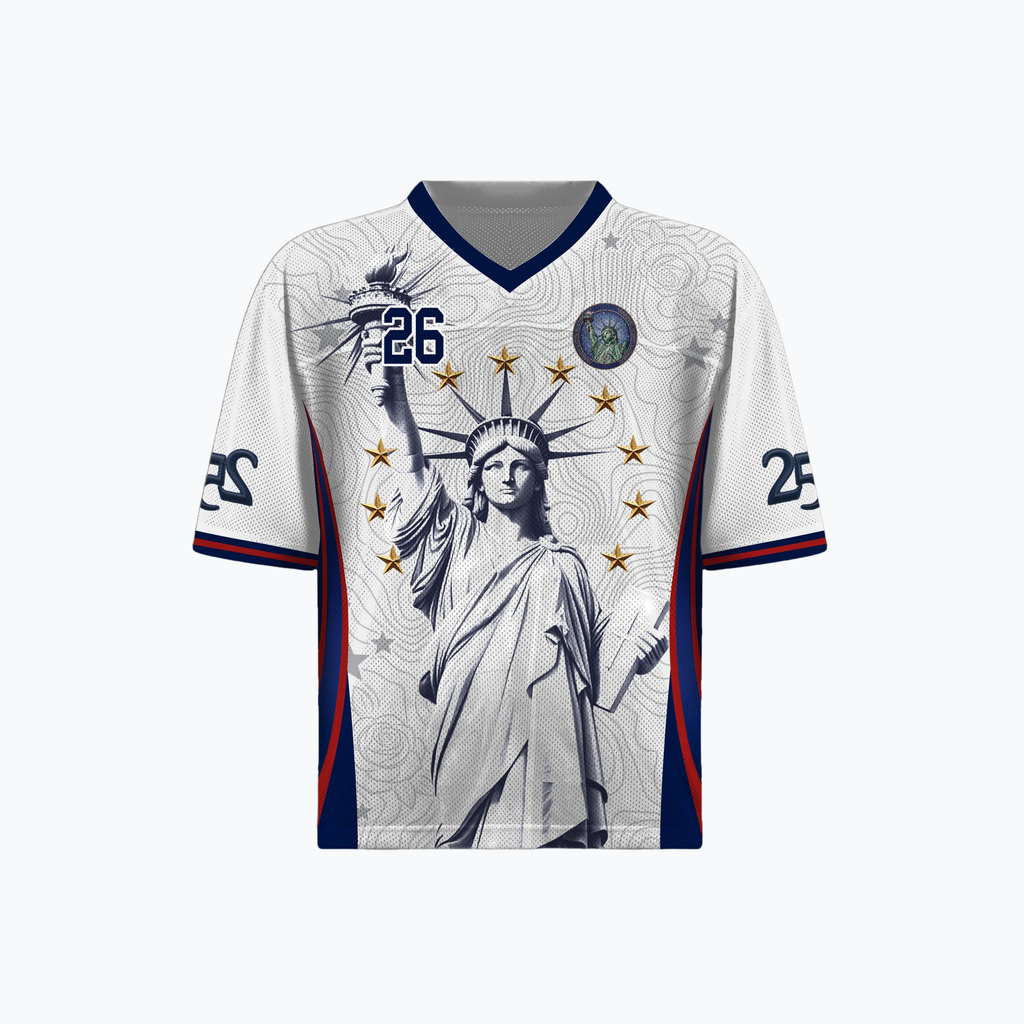 Varldens USA 2026 Home Jersey with Lady Liberty and America 250 anniversary logo - Patriotic white soccer shirt