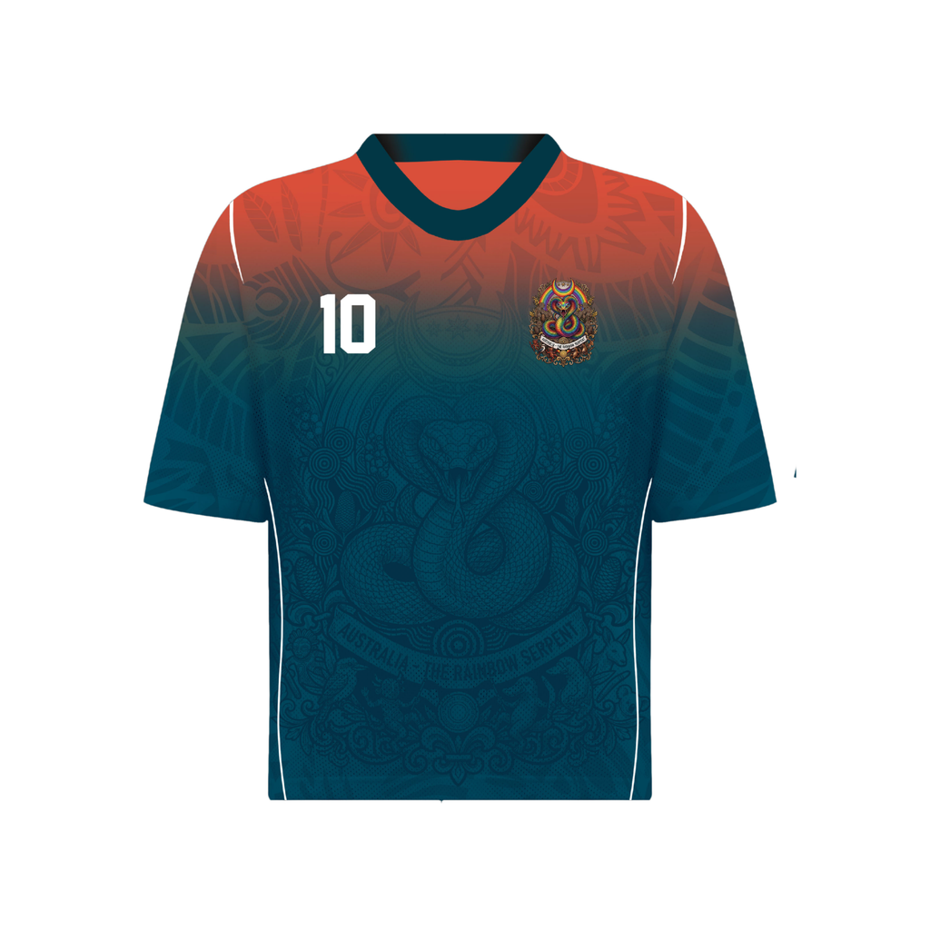 Front and back view of Australia 2026 away jersey in orange and teal gradient with Rainbow Serpent motifs