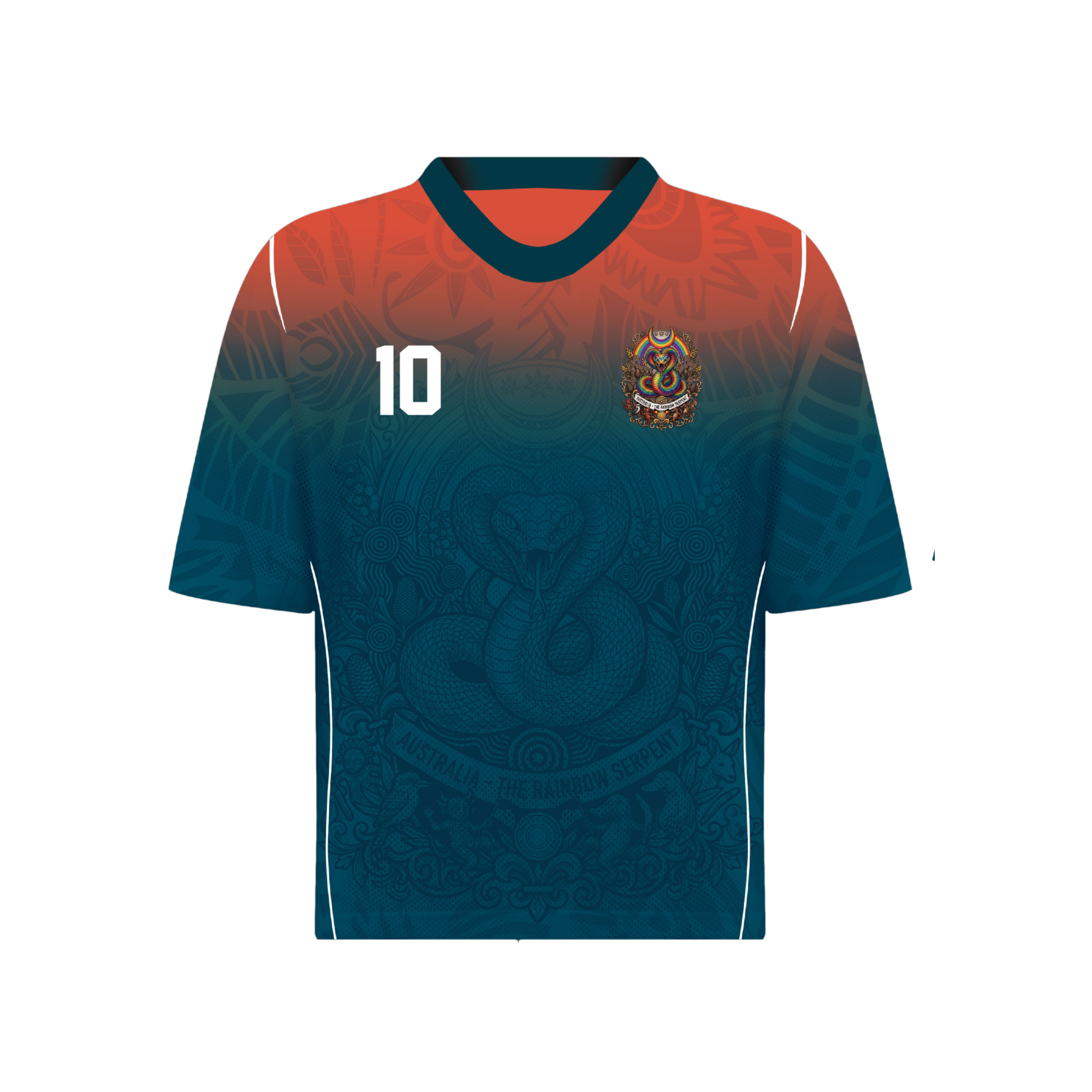 Front and back view of Australia 2026 away jersey in orange and teal gradient with Rainbow Serpent motifs