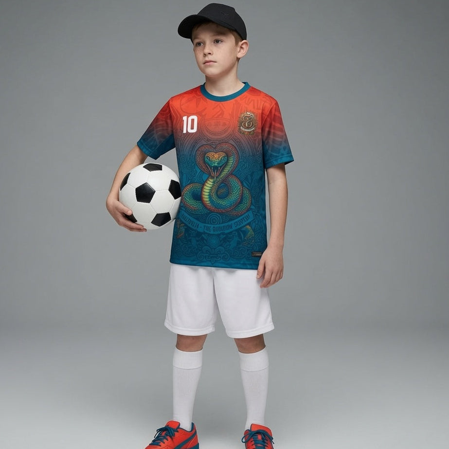 Front and back view of Australia 2026 away jersey in orange and teal gradient with Rainbow Serpent motifs by Varldens