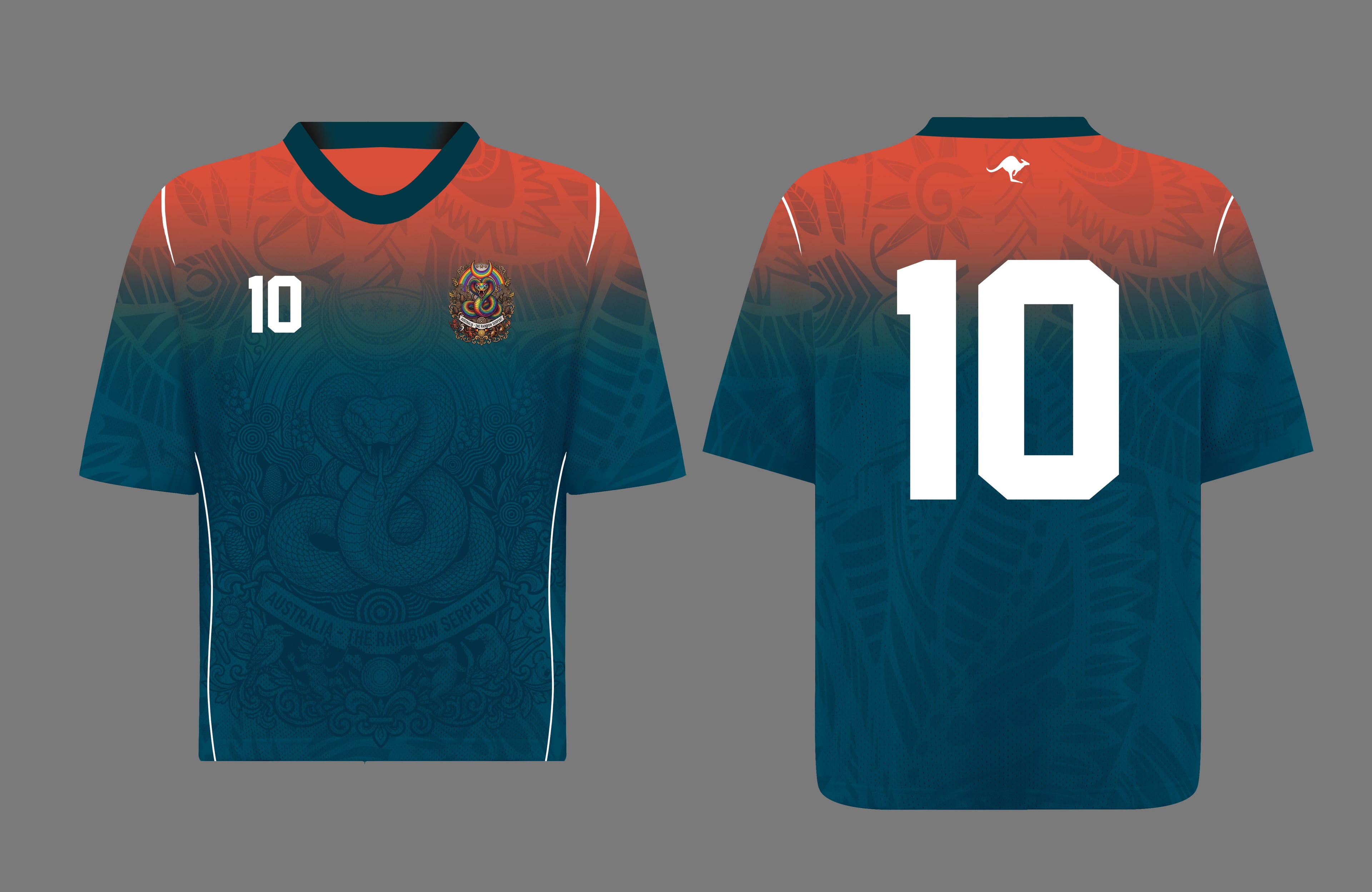 Front and back view of Australia 2026 away jersey in orange and teal gradient with Rainbow Serpent motifs