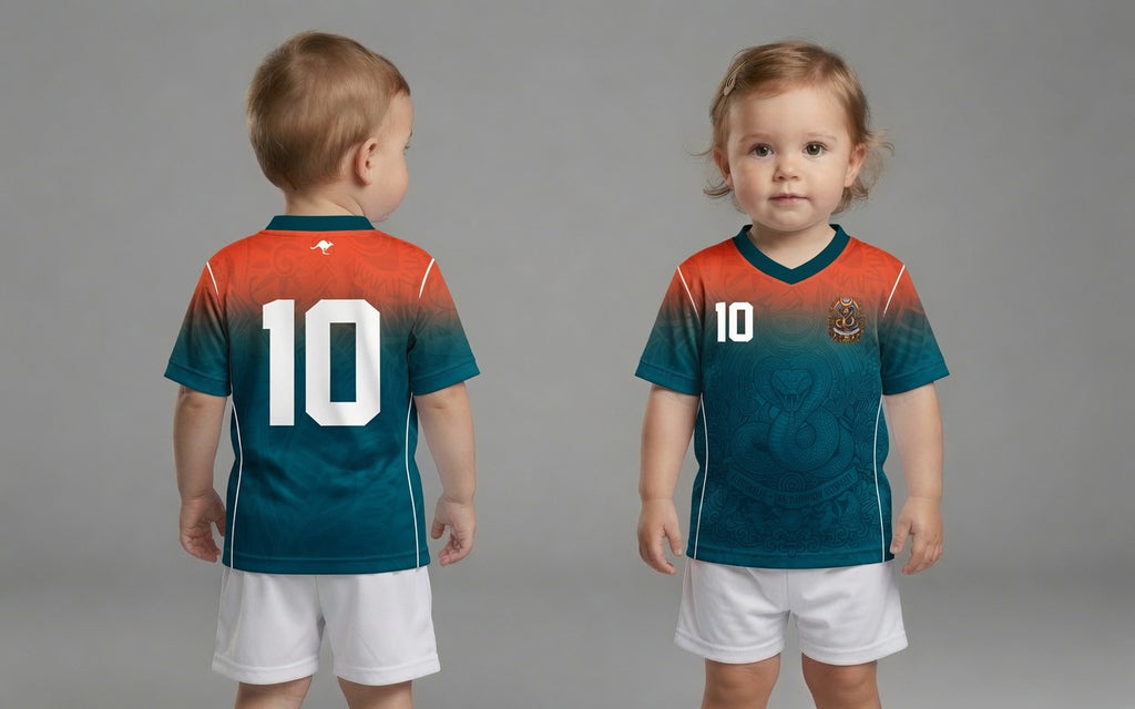 Front and back view of Australia 2026 away jersey in orange and teal gradient with Rainbow Serpent motifs
