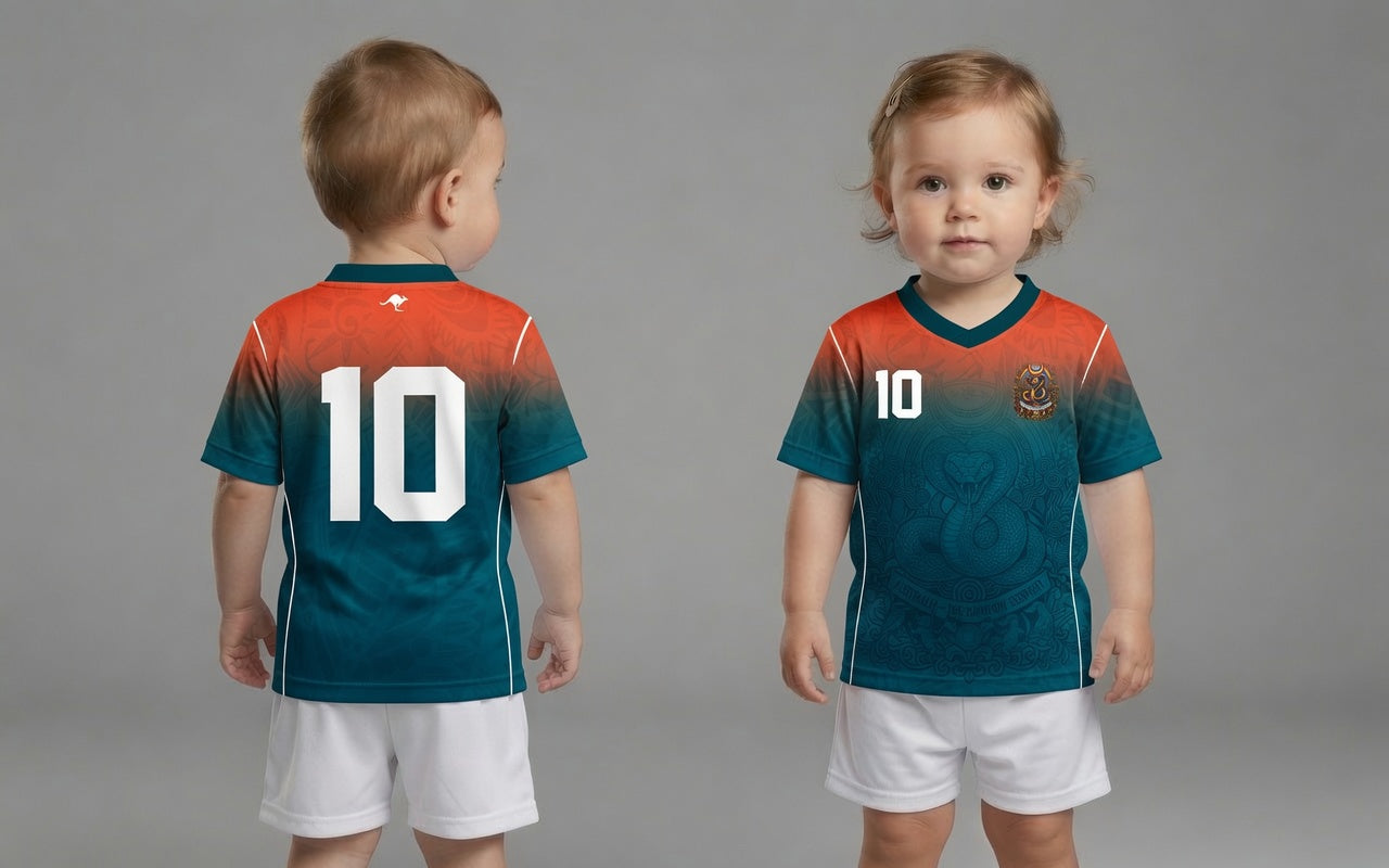 Front and back view of Australia 2026 away jersey in orange and teal gradient with Rainbow Serpent motifs