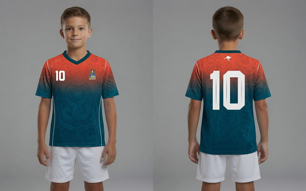 Front and back view of Australia 2026 away jersey in orange and teal gradient with Rainbow Serpent motifs