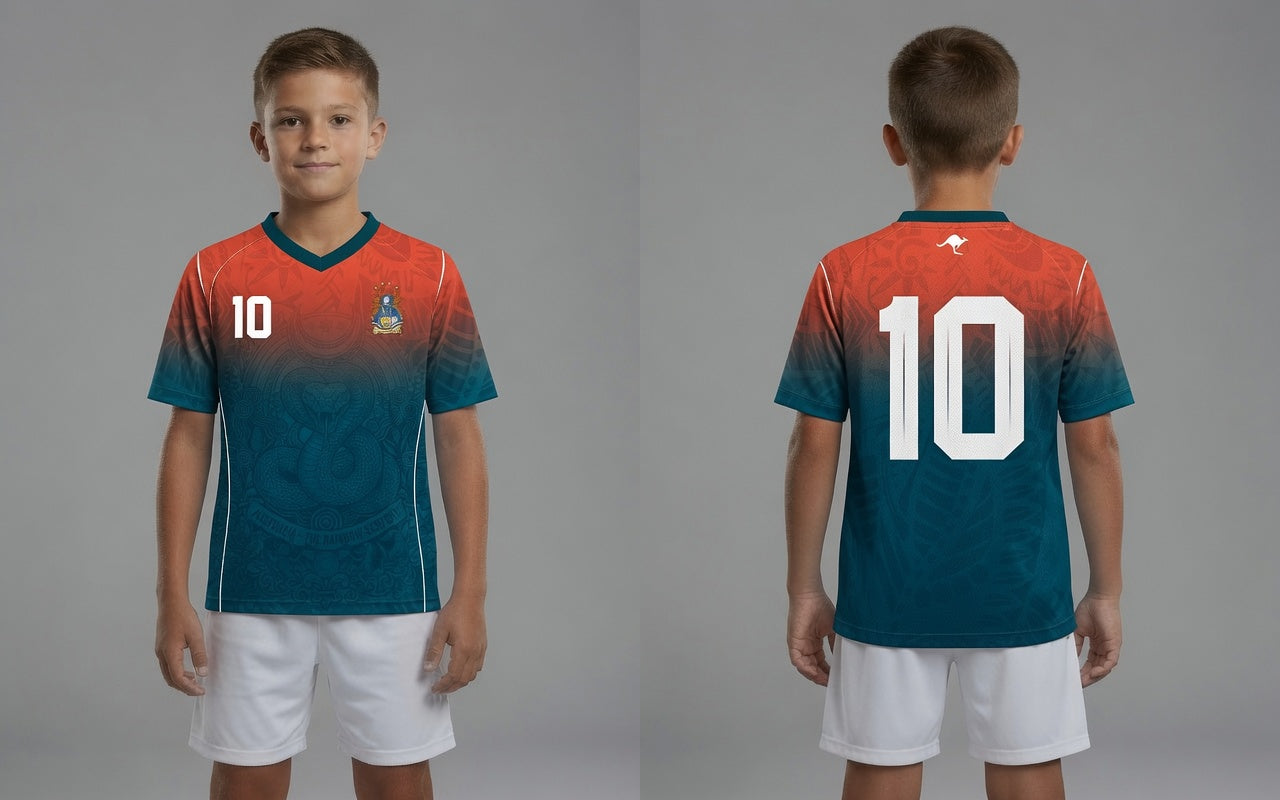 Front and back view of Australia 2026 away jersey in orange and teal gradient with Rainbow Serpent motifs