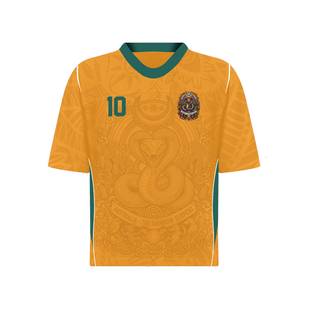 Front and back view of Australia 2026 home jersey in gold and green with Rainbow Serpent and Aboriginal tribal motifs