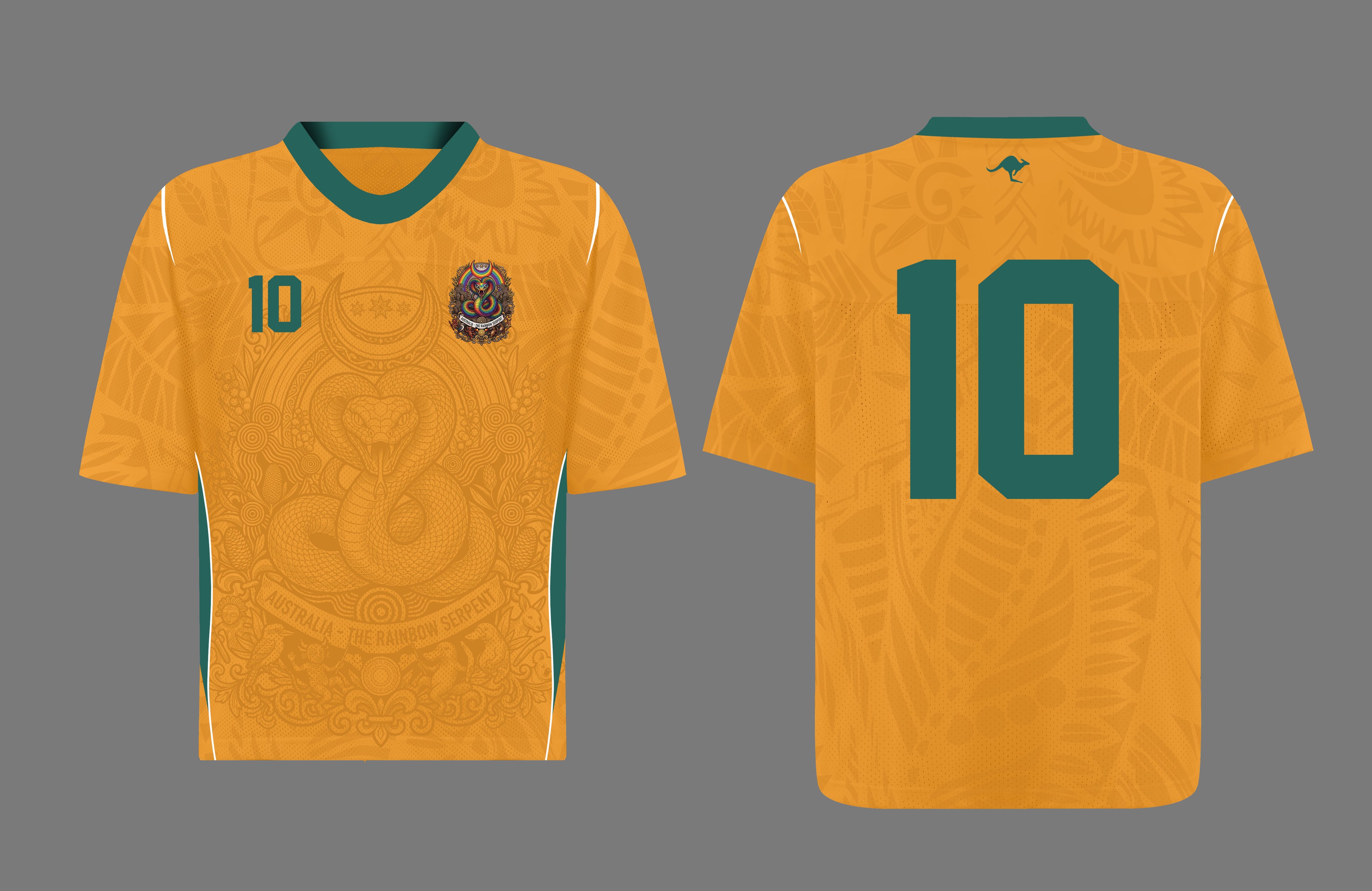 Front and back view of Australia 2026 home jersey in gold and green with Rainbow Serpent and Aboriginal tribal motifs