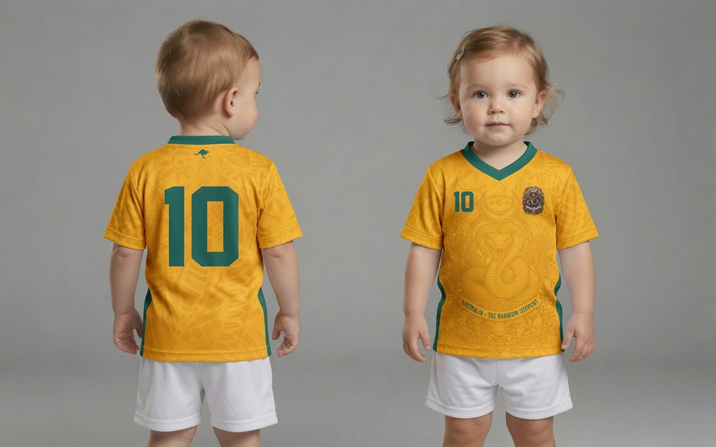 Front and back view of Australia 2026 home jersey in gold and green with Rainbow Serpent and Aboriginal tribal motifs