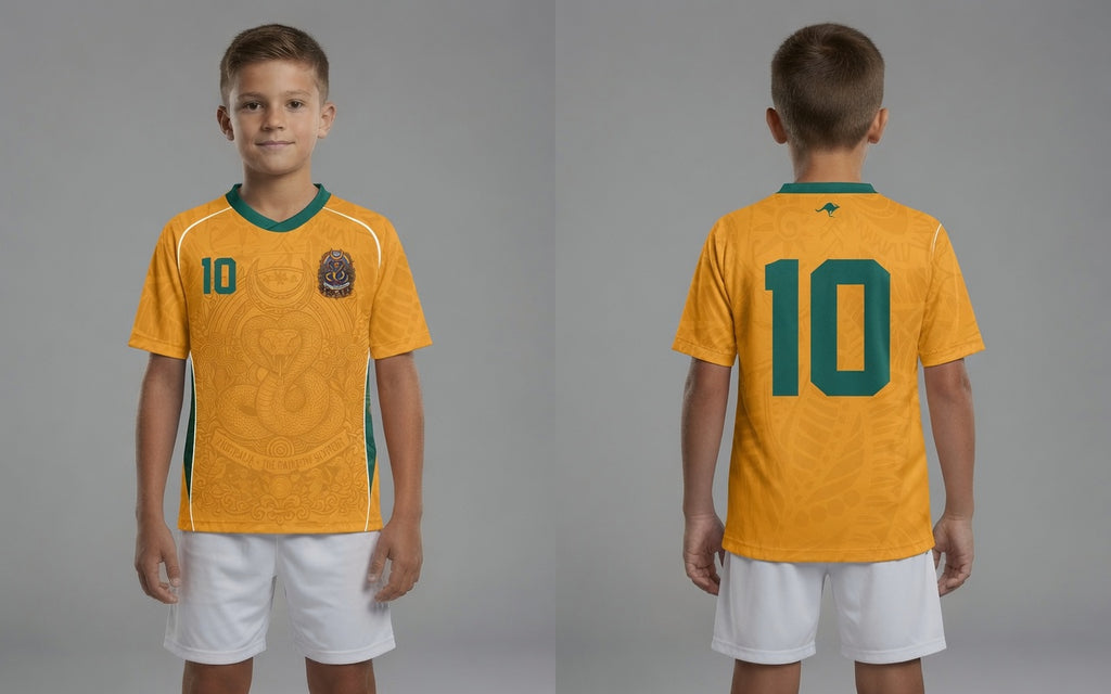 Front and back view of Australia 2026 home jersey in gold and green with Rainbow Serpent and Aboriginal tribal motifs