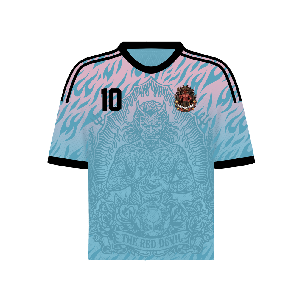Front and back view of Belgium 2026 away jersey in pink and blue gradient with The Red Devil and sublimated flame motifs