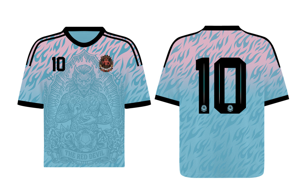 Front and back view of Belgium 2026 away jersey in pink and blue gradient with The Red Devil and sublimated flame motifs