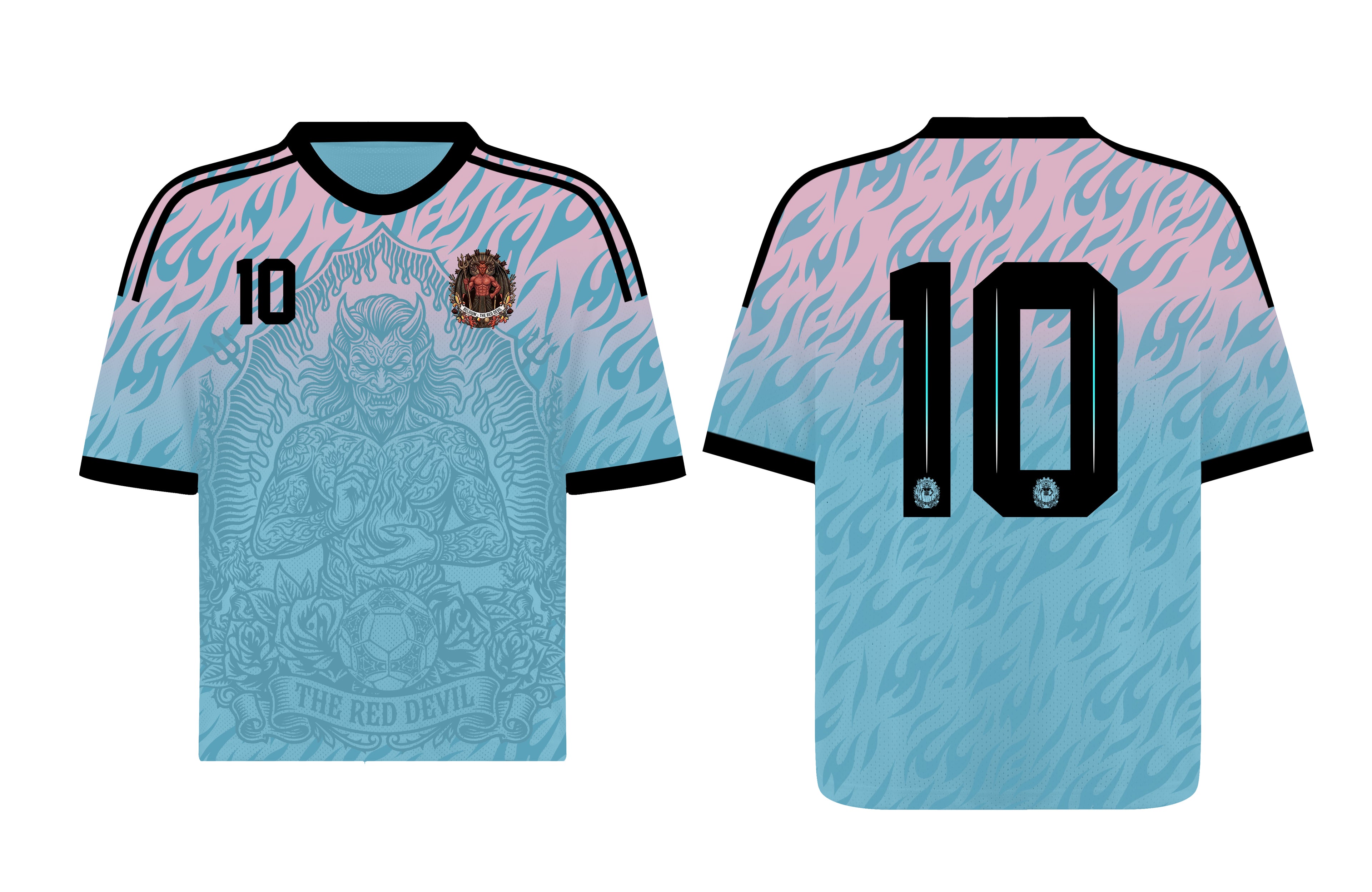 Front and back view of Belgium 2026 away jersey in pink and blue gradient with The Red Devil and sublimated flame motifs