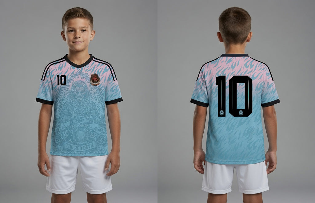 Front and back view of Belgium 2026 away jersey in pink and blue gradient with The Red Devil and sublimated flame motifs