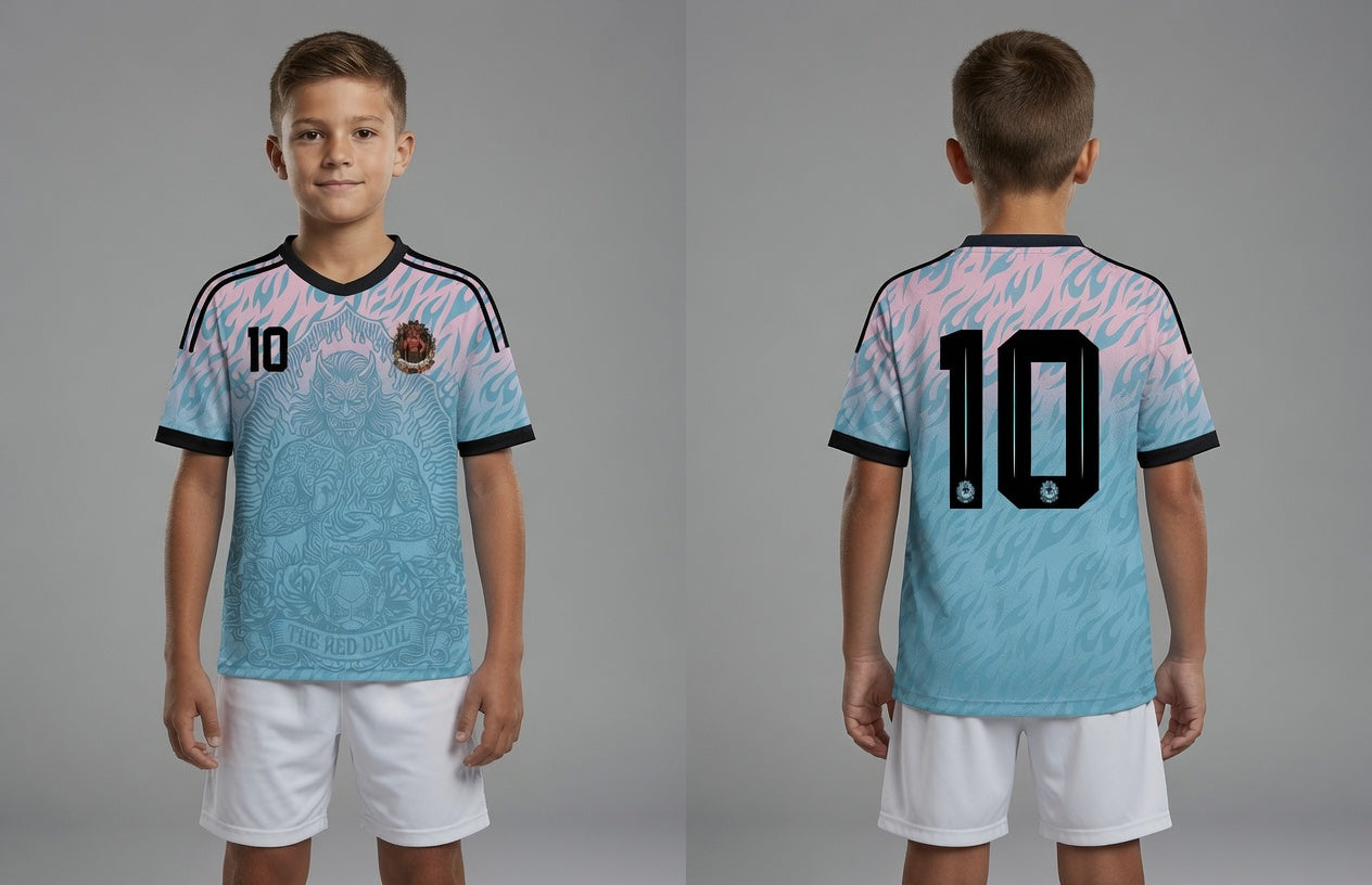 Front and back view of Belgium 2026 away jersey in pink and blue gradient with The Red Devil and sublimated flame motifs