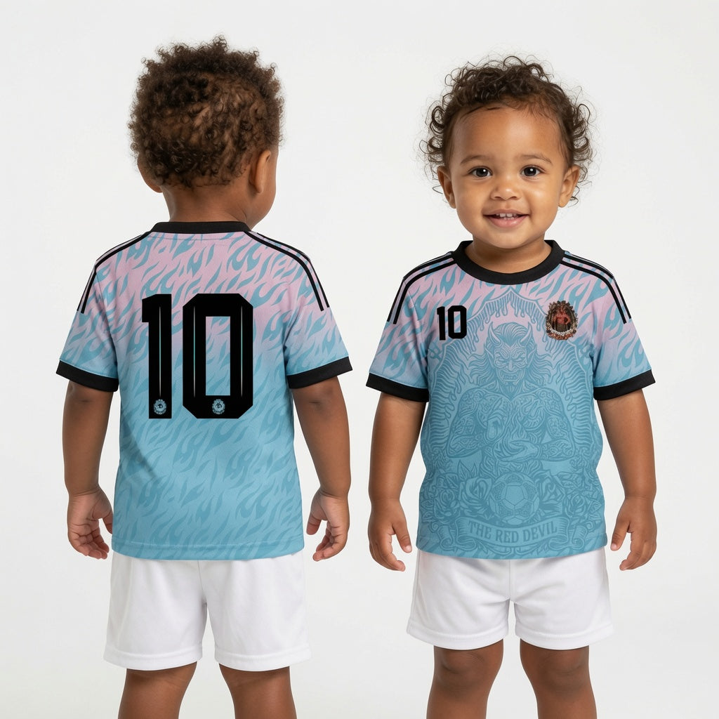 Front and back view of Belgium 2026 away jersey in pink and blue gradient with The Red Devil and sublimated flame motifs