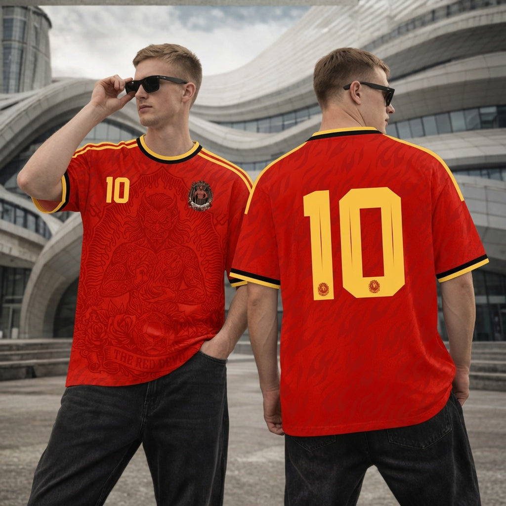 Front and back view of Belgium 2026 home jersey in red with The Red Devil and sublimated flame motifs