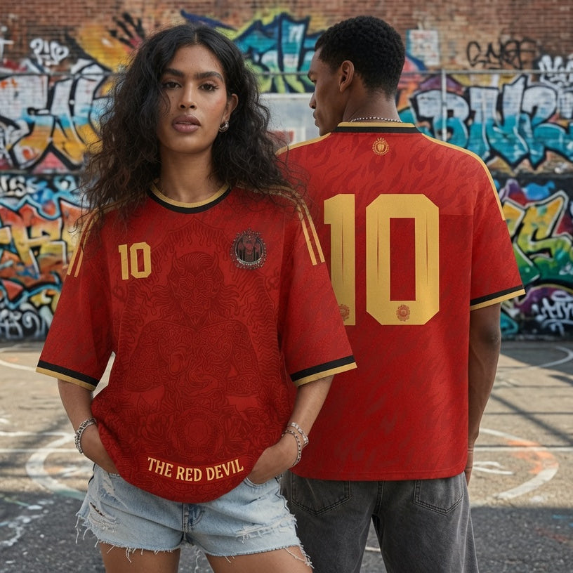 Front and back view of Belgium 2026 home jersey in red with The Red Devil and sublimated flame motifs