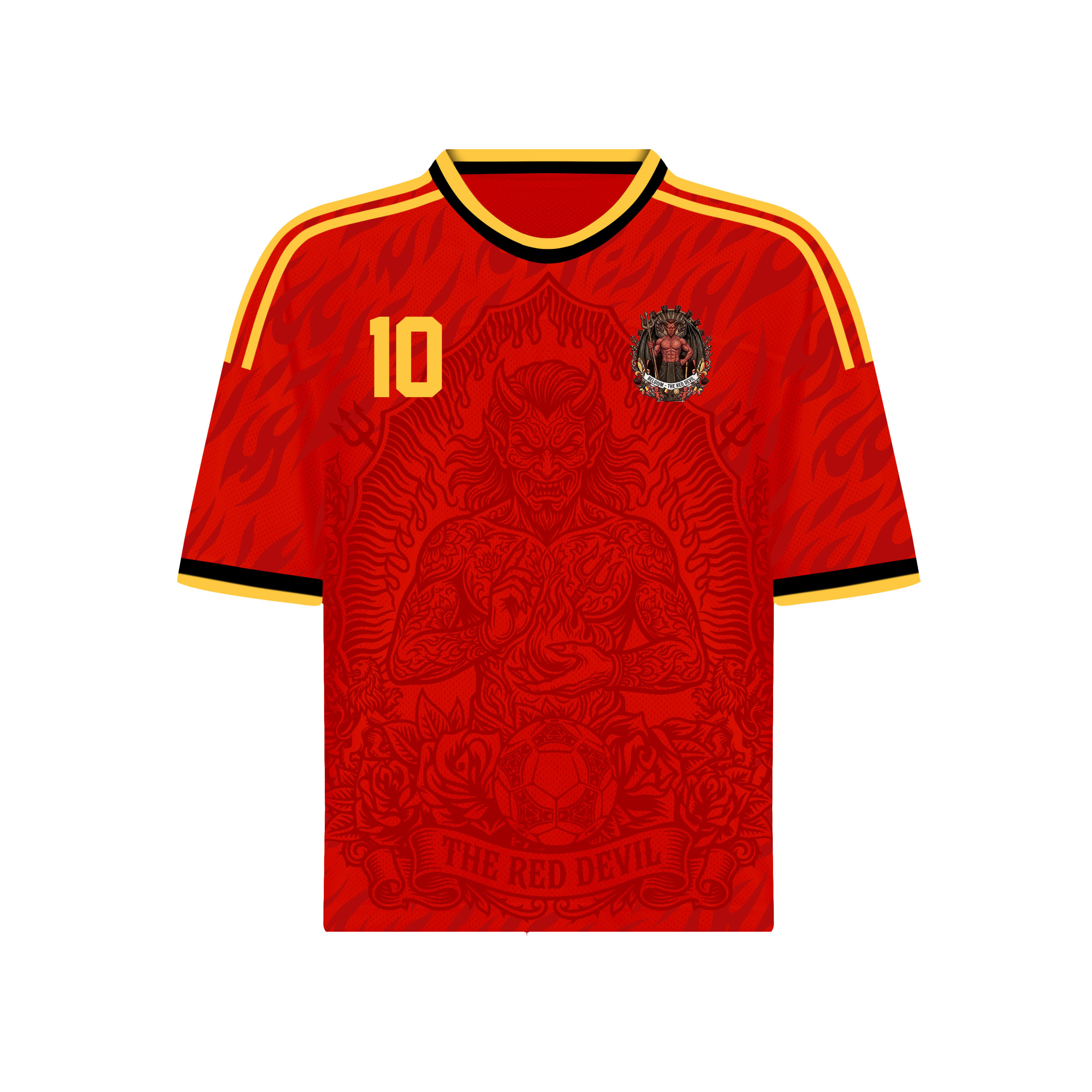 Front and back view of Belgium 2026 home jersey in red with The Red Devil and sublimated flame motifs