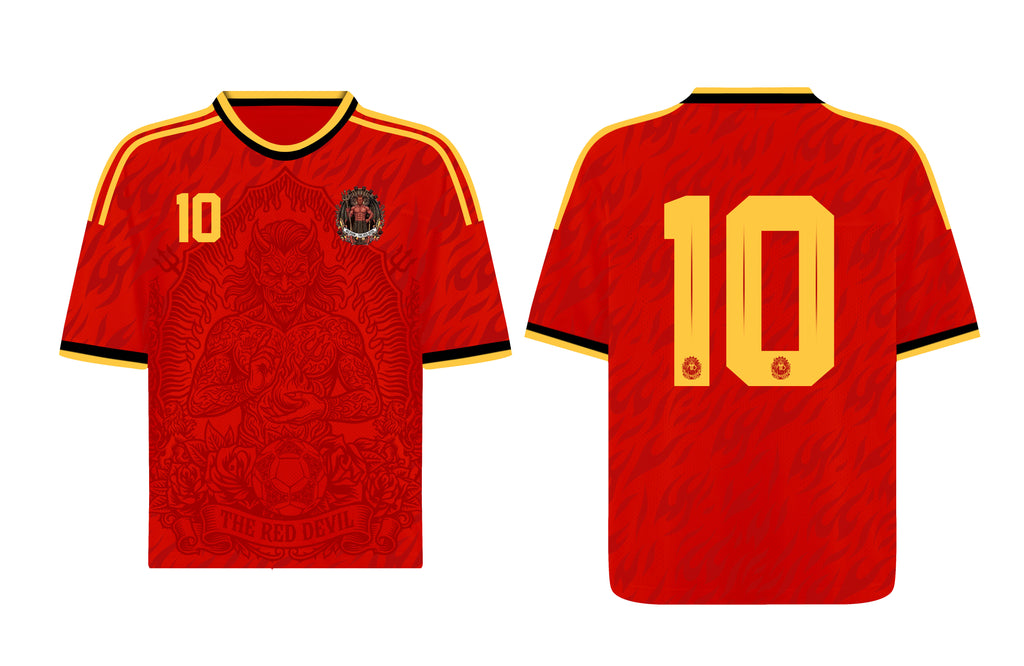 Front and back view of Belgium 2026 home jersey in red with The Red Devil and sublimated flame motifs