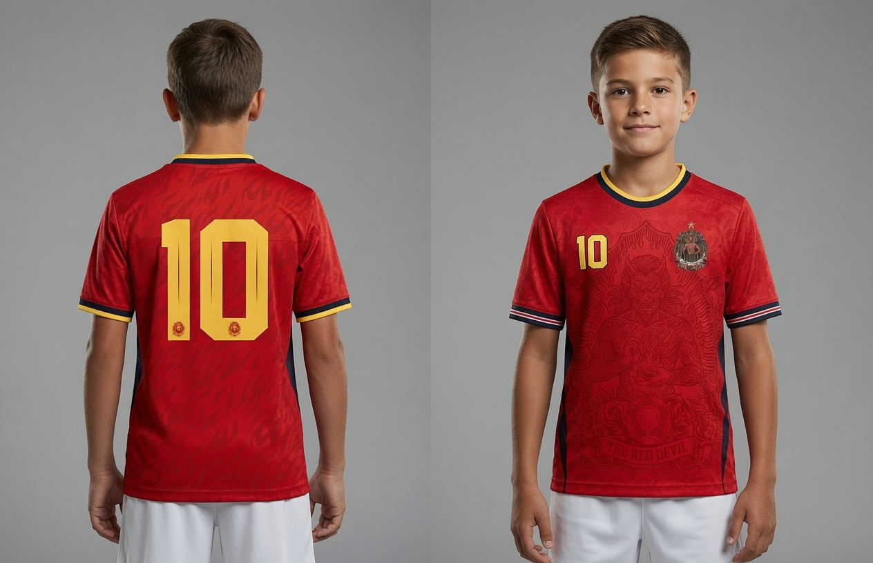 Front and back view of Belgium 2026 home jersey in red with The Red Devil and sublimated flame motifs