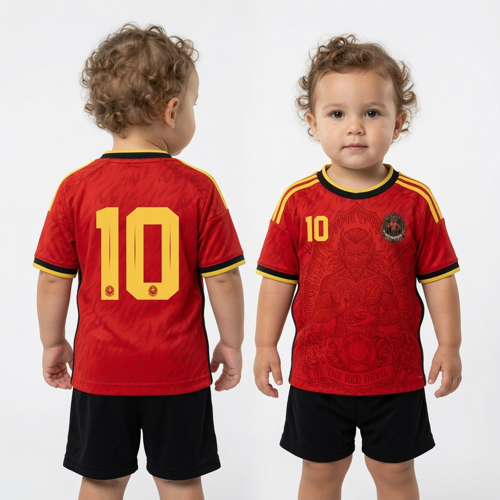 Front and back view of Belgium 2026 home jersey in red with The Red Devil and sublimated flame motifs