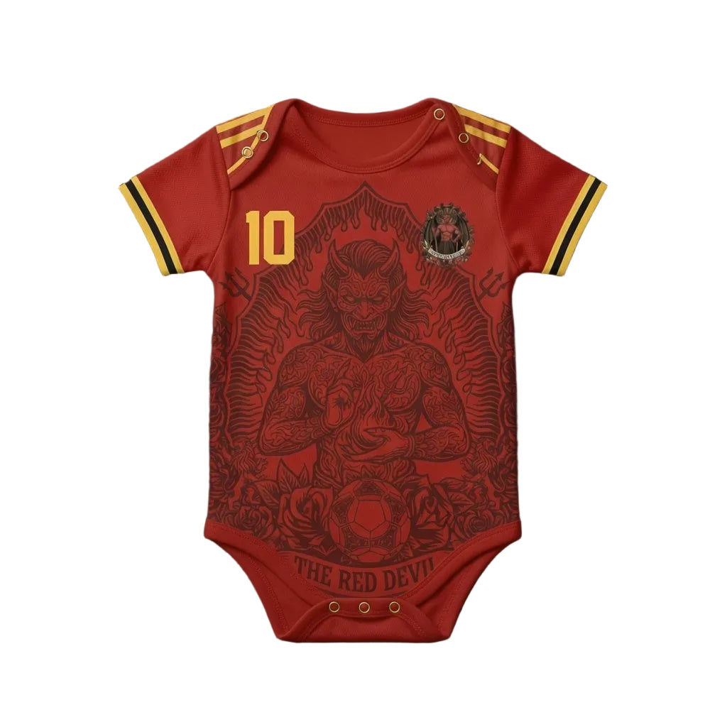 Front and back view of Belgium 2026 home jersey in red with The Red Devil and sublimated flame motifs