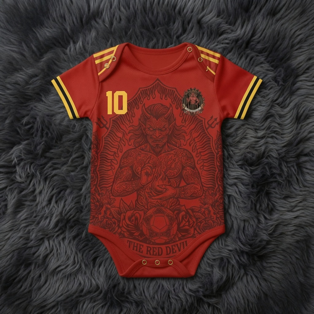 Front and back view of Belgium 2026 home jersey in red with The Red Devil and sublimated flame motifs