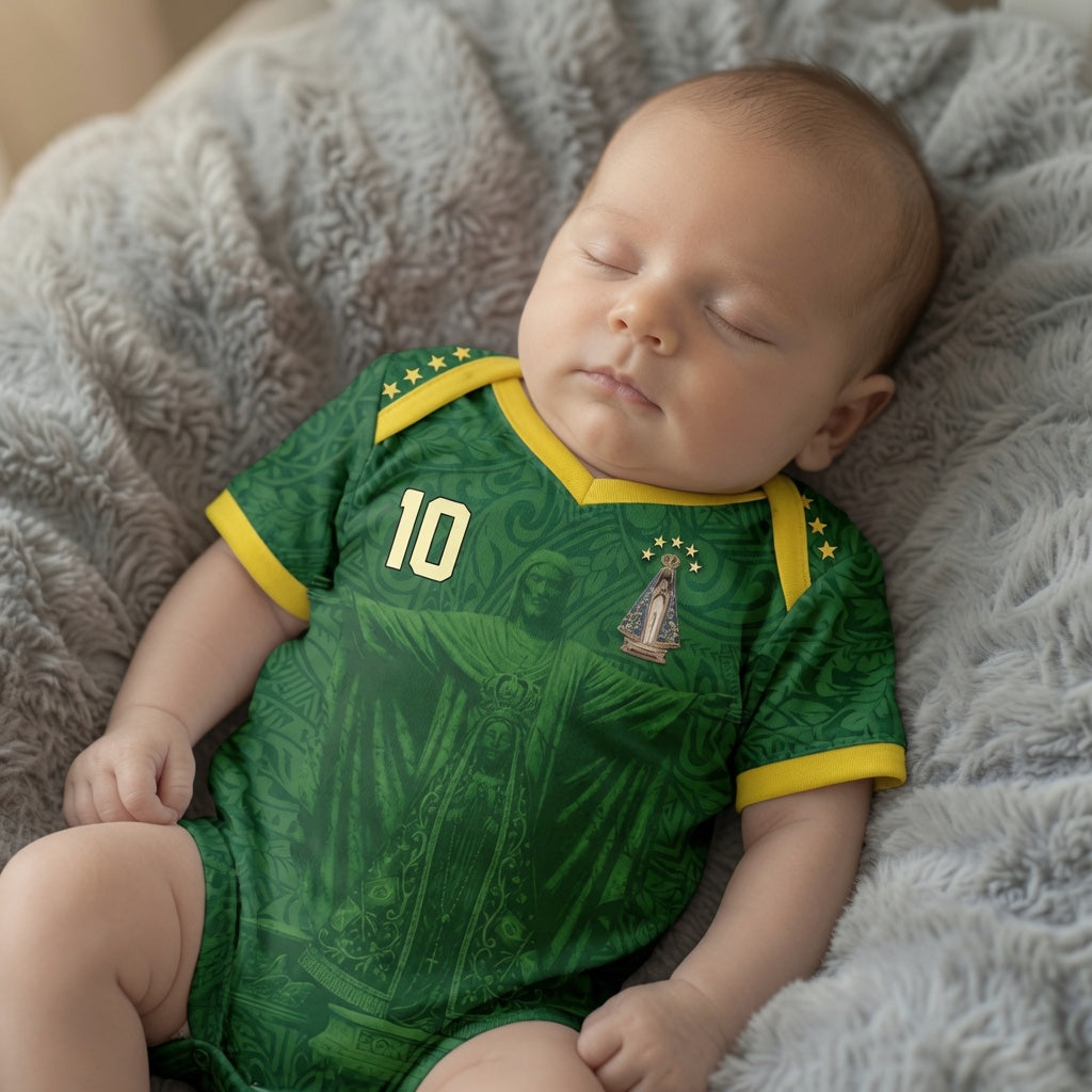 Front and back view of Brazil 1998 away jersey in forest green with Christ the Redeemer and Our Lady of Aparecida graphics by Varldens