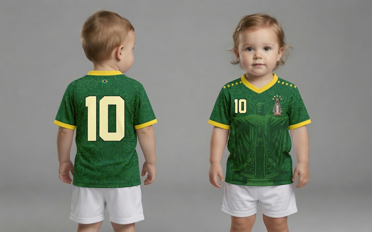 Front and back view of Brazil 1998 away jersey in forest green with Christ the Redeemer and Our Lady of Aparecida graphics by Varldens