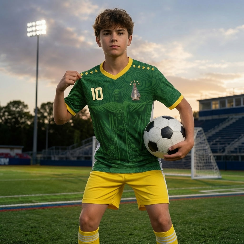 Front and back view of Brazil 1998 away jersey in forest green with Christ the Redeemer and Our Lady of Aparecida graphics by Varldens
