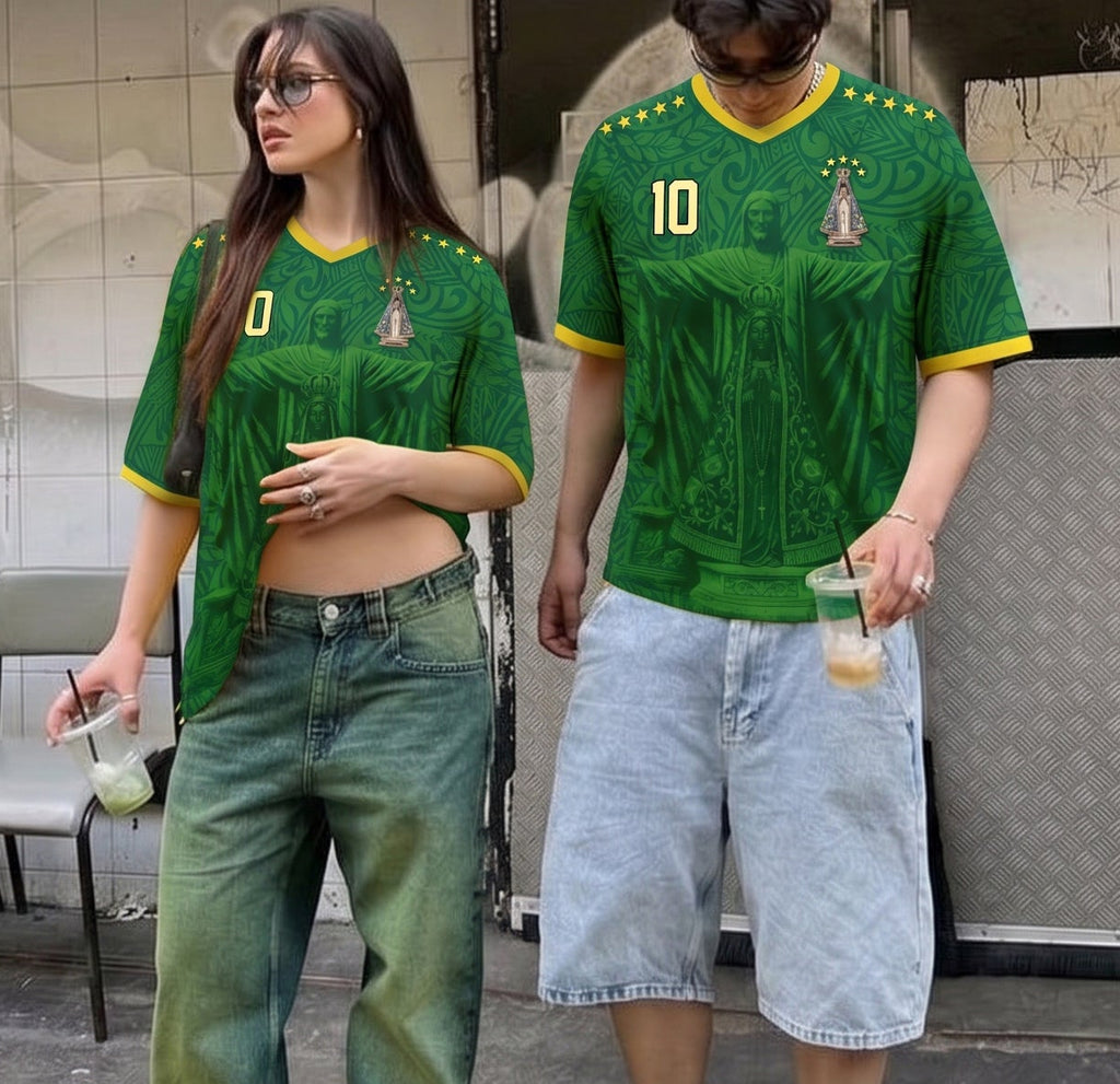 Front and back view of Brazil 1998 away jersey in forest green with Christ the Redeemer and Our Lady of Aparecida graphics