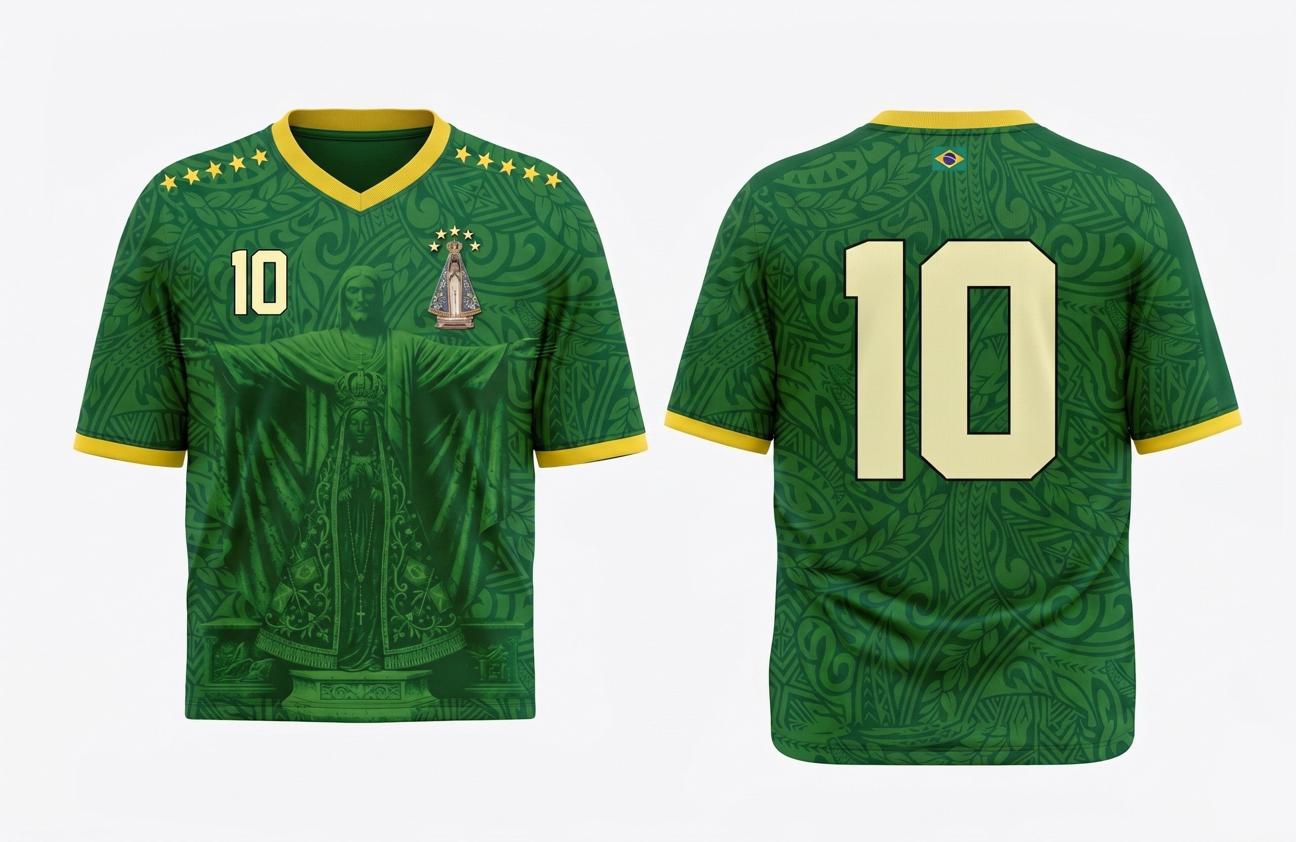 Front and back view of Brazil 1998 away jersey in forest green with Christ the Redeemer and Our Lady of Aparecida graphics